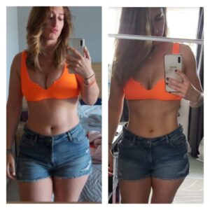 A woman in orange top and jean shorts taking selfie.
