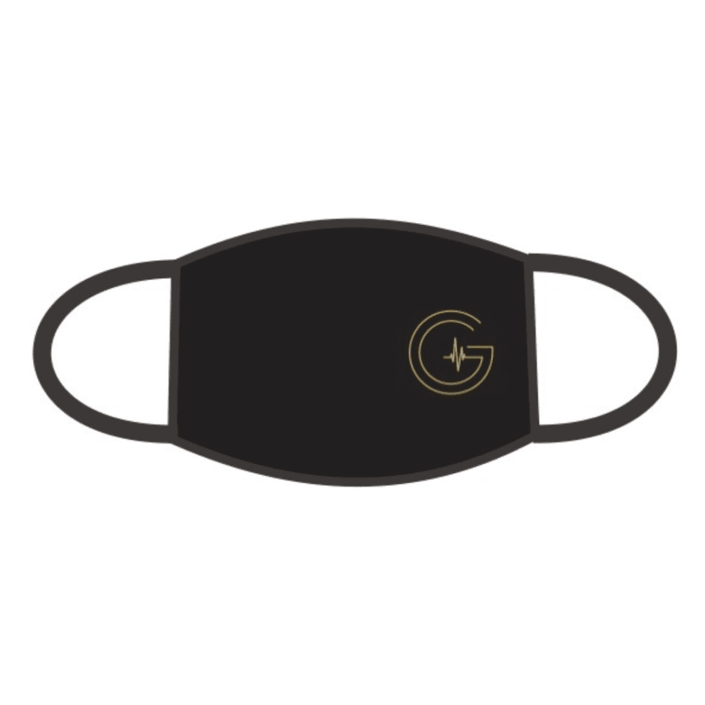 A black face mask with the letter g on it.