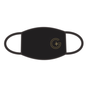 A black face mask with the letter g on it.