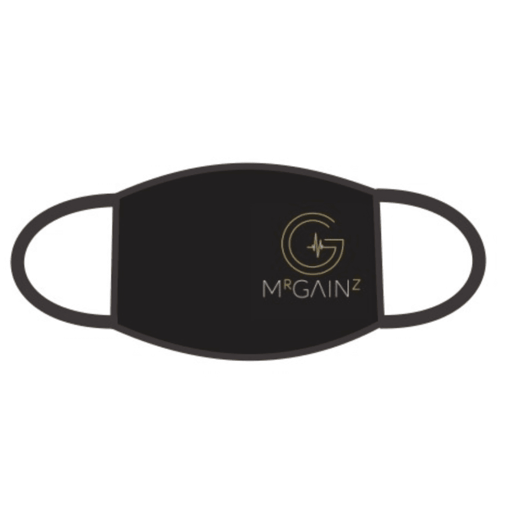 A black face mask with the words " mcgain 2 " on it.